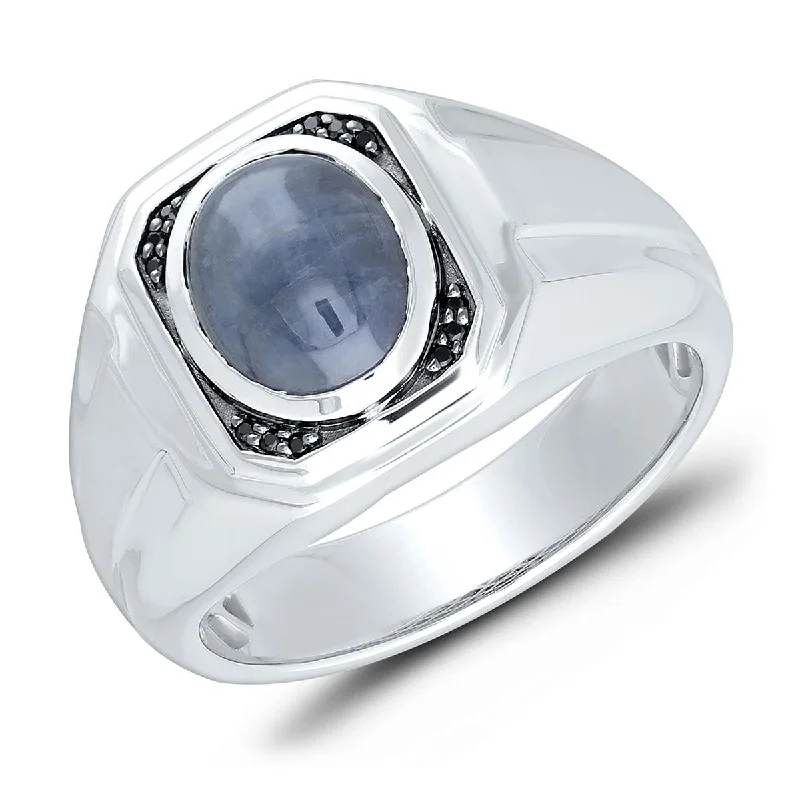 Dainty Rings For Minimalist Look-MEN'S WHITE GOLD FASHION RING WITH OVAL SHAPED CABOCHON CUT SAPPHIRE AND SIDE BLACK DIAMONDS, .03 CT TW