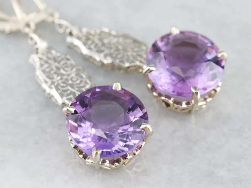 Classic Silver Earrings For Everyday Wear-Amethyst Filigree Drop Earrings in Lacey White Gold