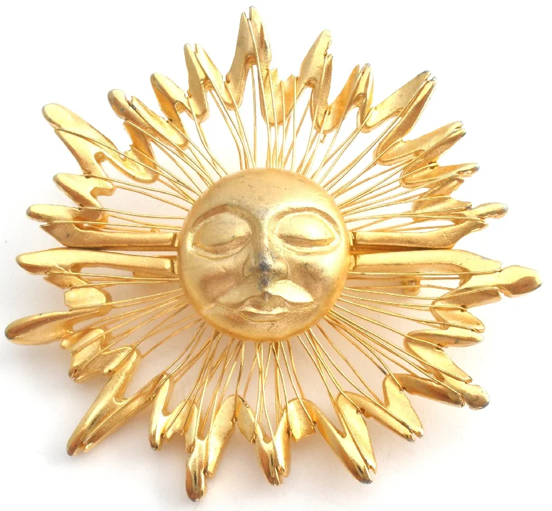 Brooch For Fashion Accessories-Sun Face Brooch Gold Tone Pin Vintage