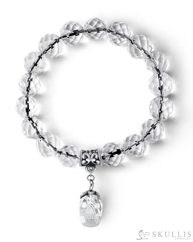 Casual Metal Bracelets For Women-Gem Skull Bracelet of Quartz Rock Crystal Carved Skull &  Facet Beads