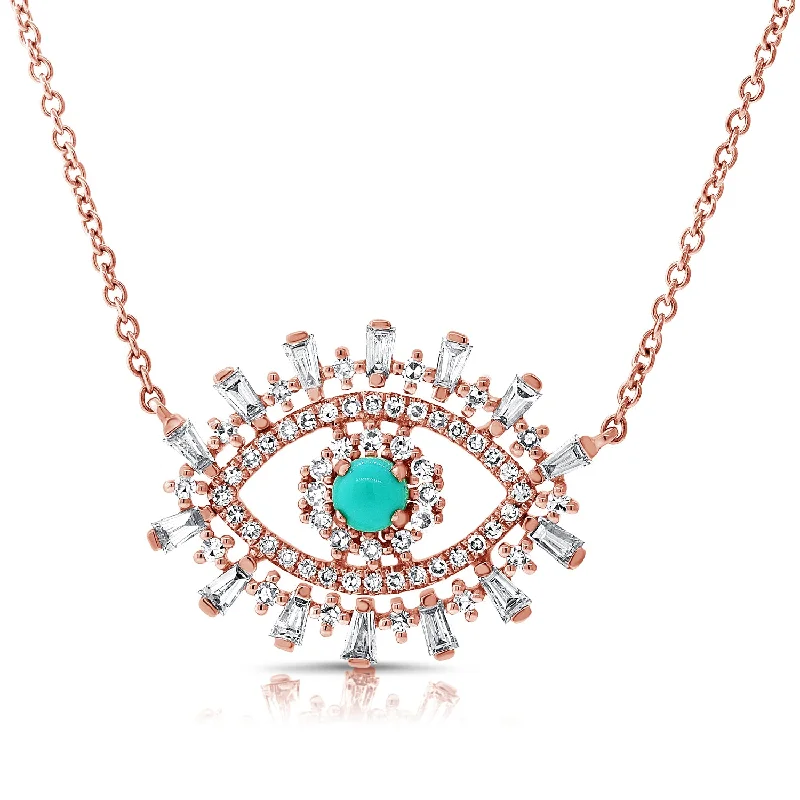 Simple Silver Necklaces For Casual Style-14K Rose Gold Diamond + Turquoise Evil Eye Necklace