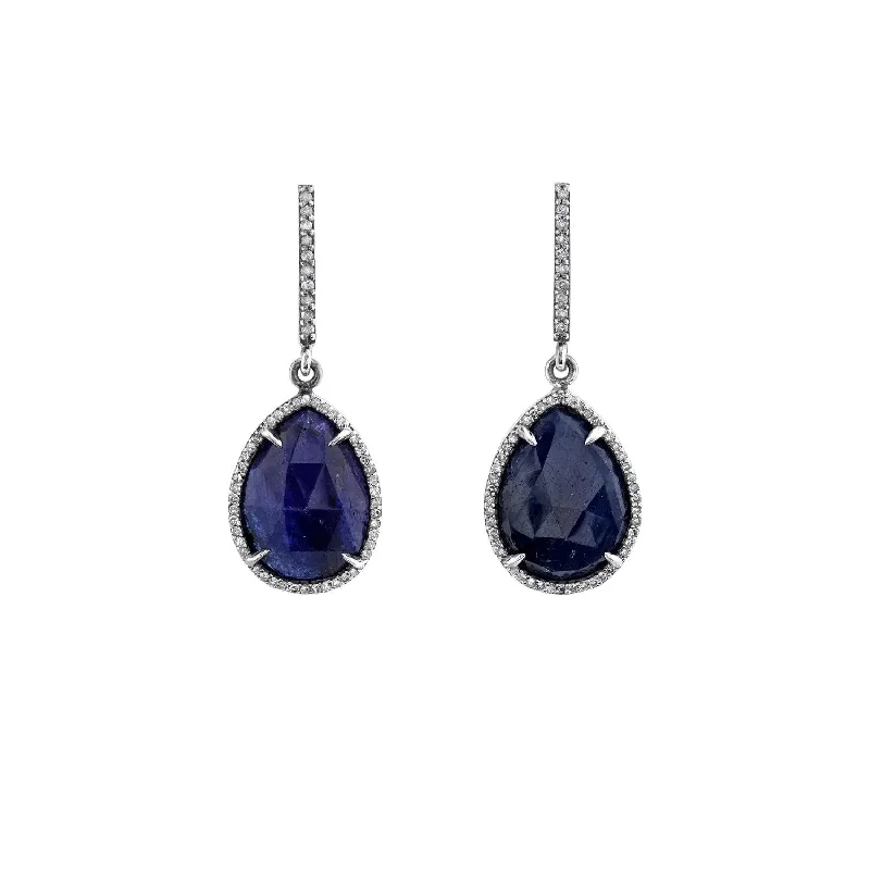 Luxury Earrings For Elegant Gatherings-Diamond Halo Sapphire Teardrop Earrings  E0000141