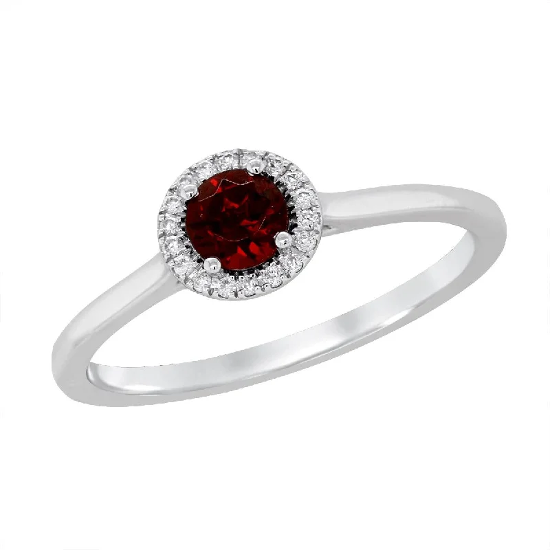 Classic Gold Rings For Special Occasions-WHITE GOLD GARNET RING WITH DIAMOND HALO, .05 CT TW