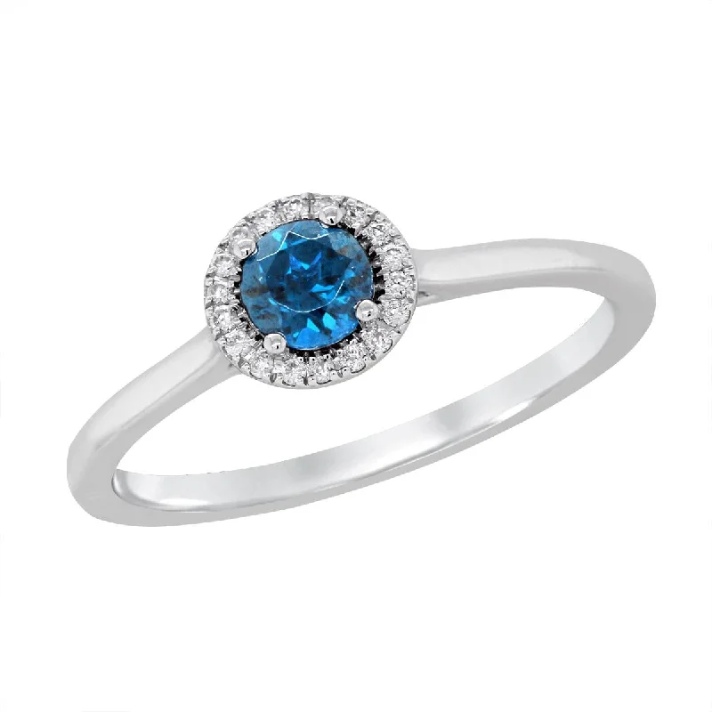 Affordable Diamond Rings-WHITE GOLD BLUE TOPAZ RING WITH DIAMOND HALO, .05 CT TW