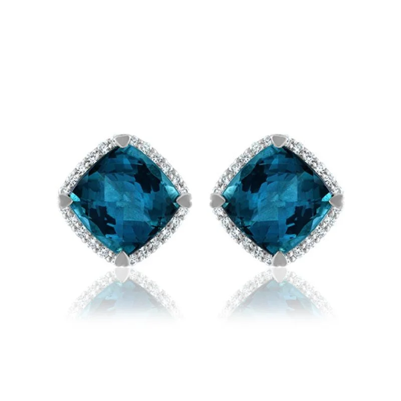 Alluring Earrings For Nighttime Events-Lisa Nik 18k white gold rhodium plated Rocks cushion shape London blue topaz stud earrings