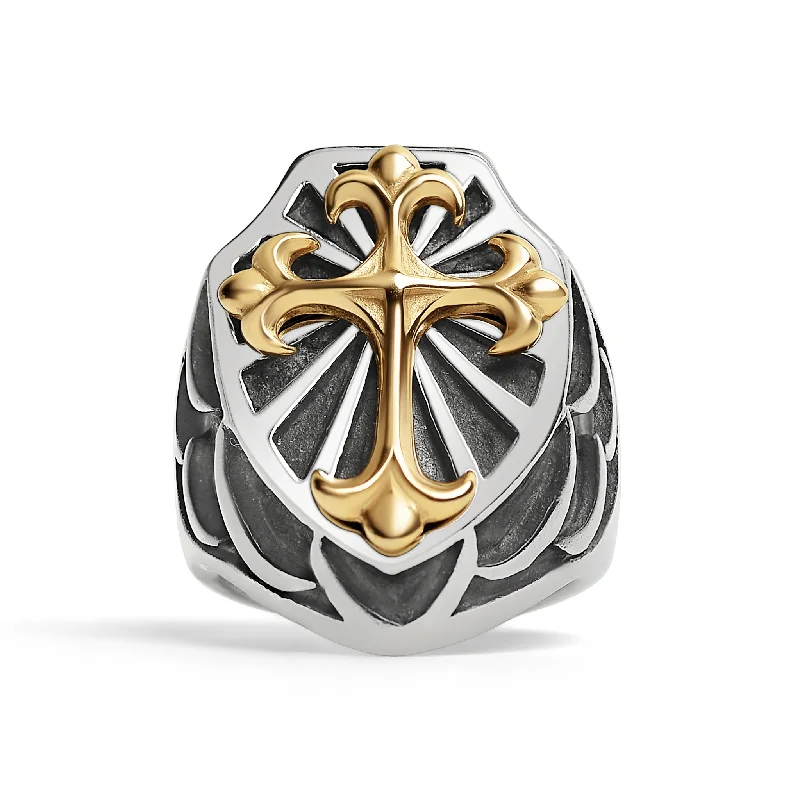 Stylish Minimalist Rings For Fashionable Women-Stainless Steel 18K Gold PVD Coated Cross On Shield Signet Ring / SCR4091