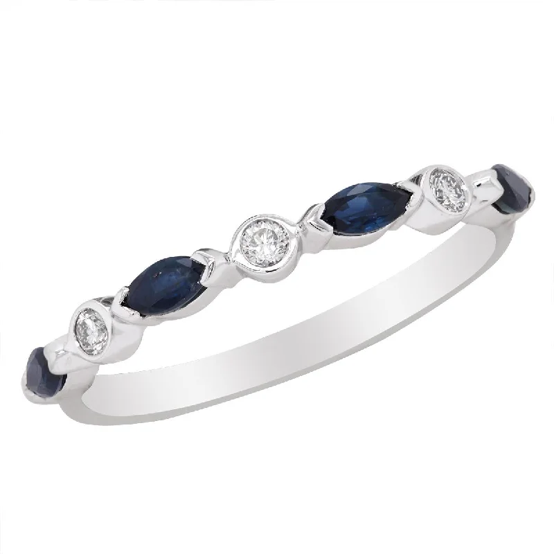 Unique Cocktail Rings For Statement Style-PETITE WHITE GOLD FASHION RING WITH MARQUISE SAPPHIRES AND ROUND CUT DIAMONDS, .09 CT TW