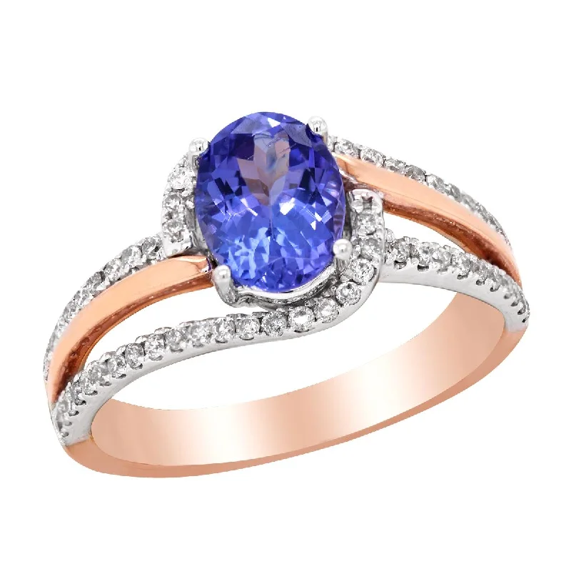 Minimalist Silver Rings For Casual Style-TWO-TONE GOLD FASHION RING WITH OVAL CUT TANZANITE, .29 CT TW