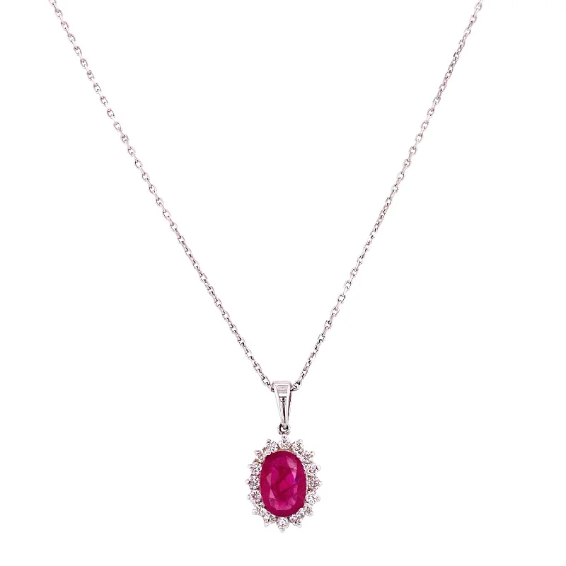 Personalized Nameplate Necklaces-14K White Gold Diamond + Oval Ruby Necklace