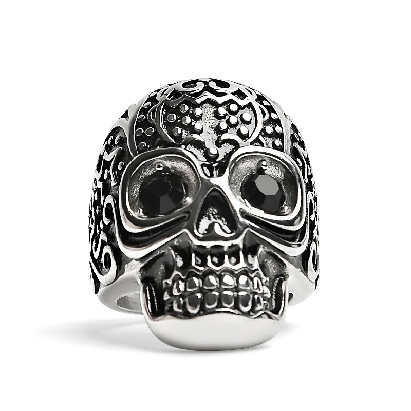 Simple Silver Rings For Minimalist Style-Black CZ Eyed Detailed Skull Stainless Steel Ring / SCR4045