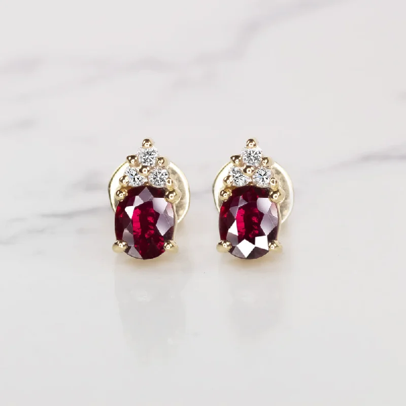 Affordable Gold Earrings For Office Wear-RUBY DIAMOND STUD EARRINGS 18k YELLOW GOLD 1.20ct OVAL SHAPE NATURAL RICH RED