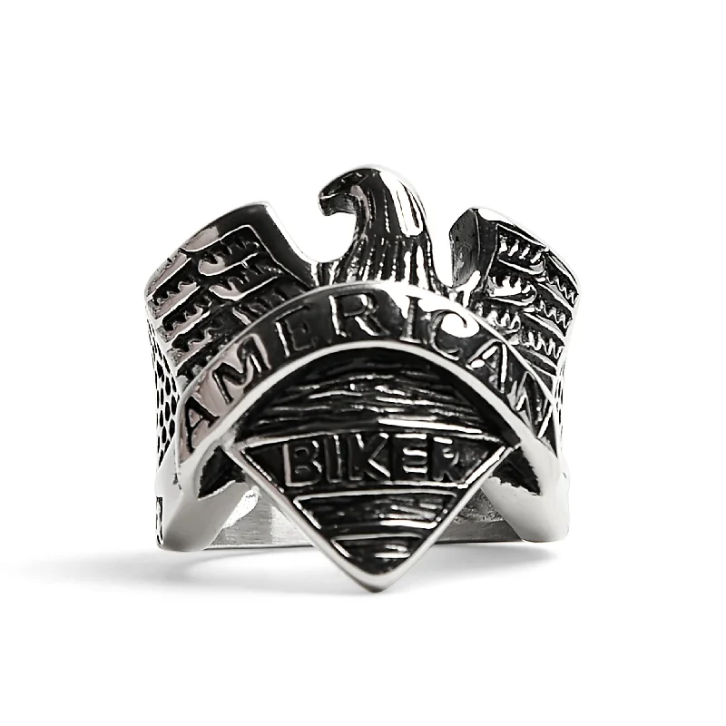 Unique Handmade Rings For Gifting-Stainless Steel "AMERICAN BIKER" With Eagle Ring / SCR4097