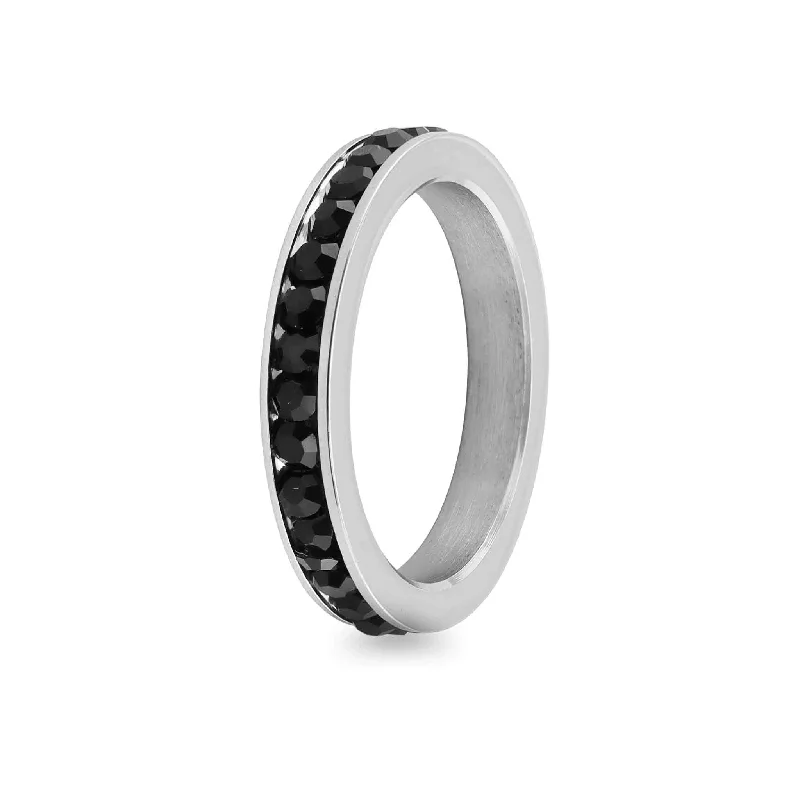 Bold Fashion Rings For Trendy Style-Black CZ Center Highly Polished Stainless Steel Flat Ring / ZRJ9004