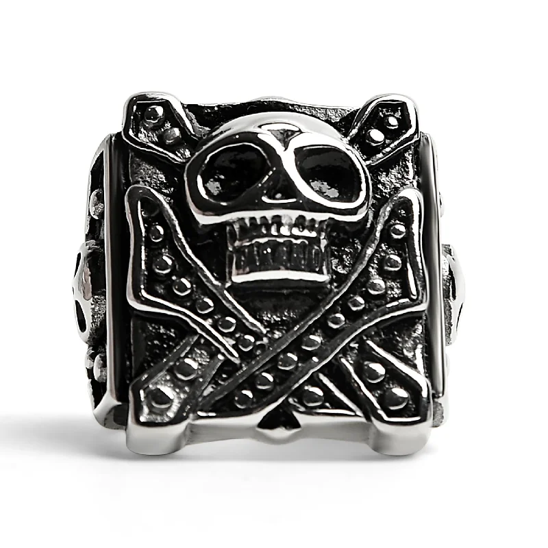 Affordable Diamond Rings-Stainless Steel Polished Studded Skull Signet Ring / SCR3035