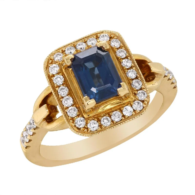 Fashionable Silver Rings For Trendy Looks-YELLOW GOLD FASHION RING WITH EMERALD CUT BLUE SAPPHIRE AND DIAMOND HALO, .35 CT TW