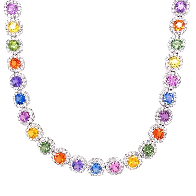 Stunning Gold Necklaces For Evening Glam-18K White Gold Diamond + Multi Sapphire Necklace