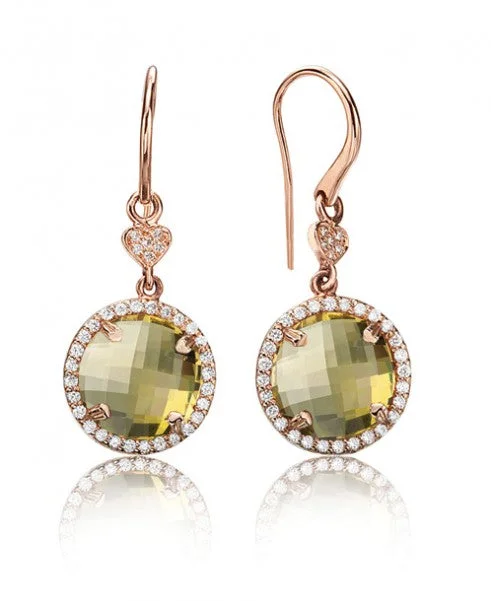 Fashionable Earrings For Prom-Lemon Quartz round drop earrings with diamonds 354-JSA