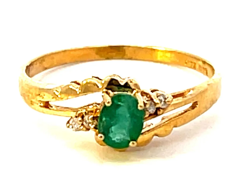 Minimalist Titanium Rings For Stylish Simplicity-Emerald and Diamond Band Ring in 14k Yellow Gold