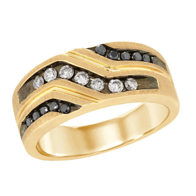 Modern Wedding Rings For Trendy Brides-MEN'S YELLOW GOLD FASHION RING WITH BLACK AND WHITE DIAMONDS, 1/2 CT TW