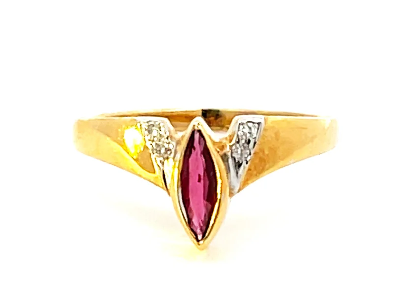 Romantic Heart-Shaped Wedding Rings For Couples-Marquise Ruby Diamond Ring in 14k Yellow Gold