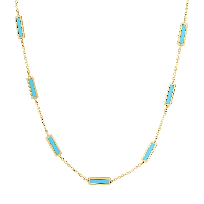 Handmade Necklaces For Custom Gifts-9 BAR INLAY DAINTY NECKLACE TURQUOISE, 14kt GOLD