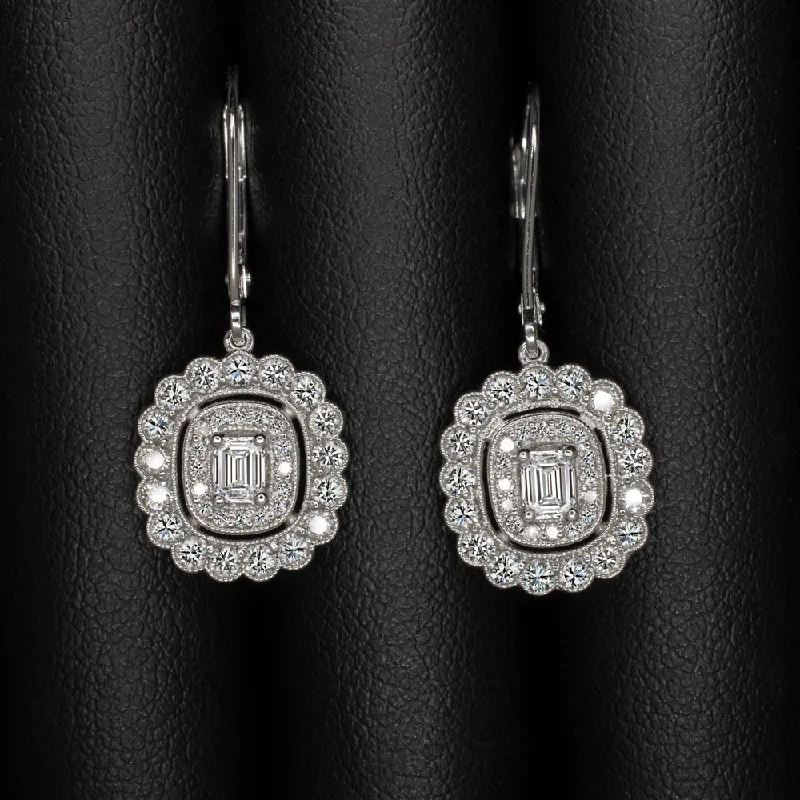 Custom Earrings For Wedding Gifts-DIAMOND DANGLE EARRINGS EMERALD CUT SCALLOPED HALO 14k WHITE GOLD VINTAGE STYLE