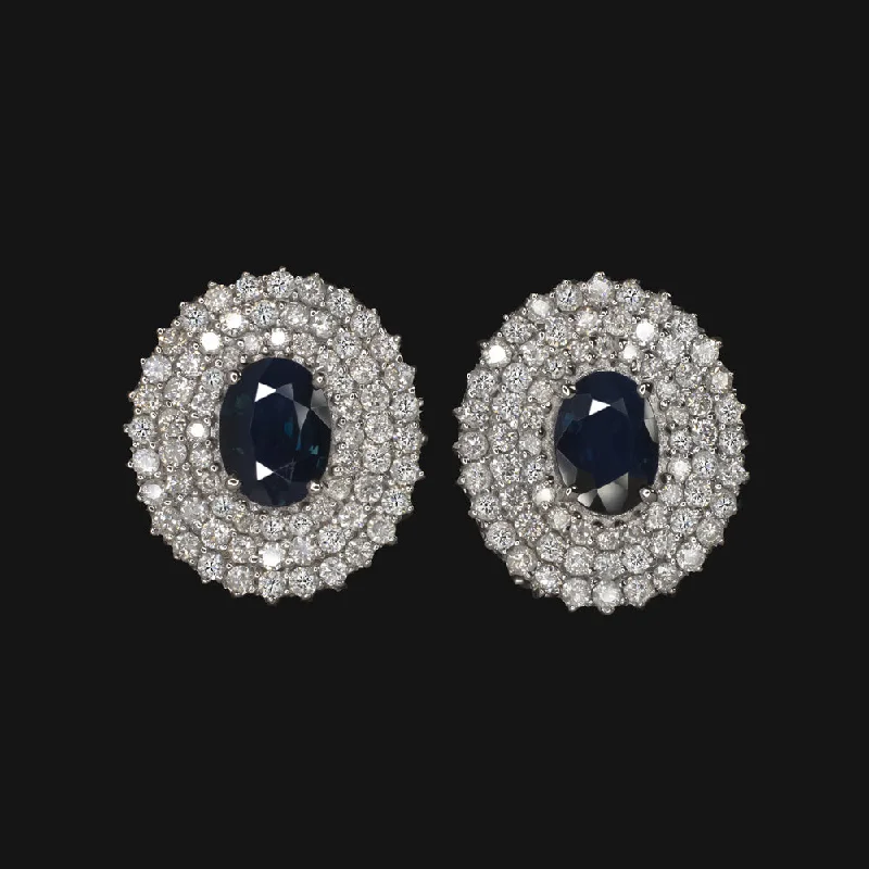 Affordable Earrings For Daily Use-3ct TEAL SAPPHIRE 2ct DIAMOND STUD EARRINGS 18mm TRIPLE HALO 18k WHITE GOLD BLUE