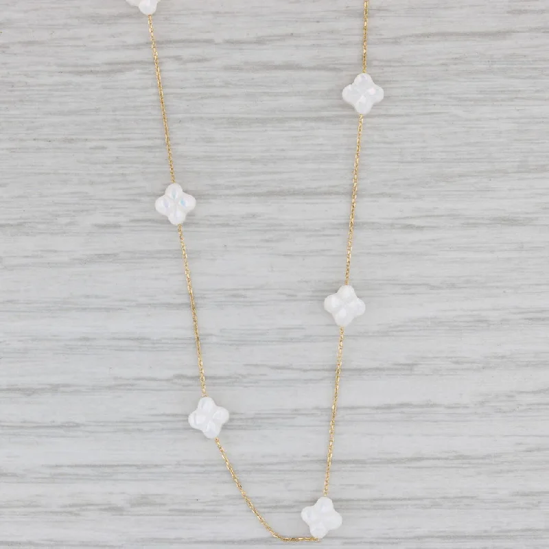 Dainty Gold Necklaces For Minimalist Style-Mother of Pearl Quatrefoil Clover Flower Stations Necklace 18" 14k Yellow Gold