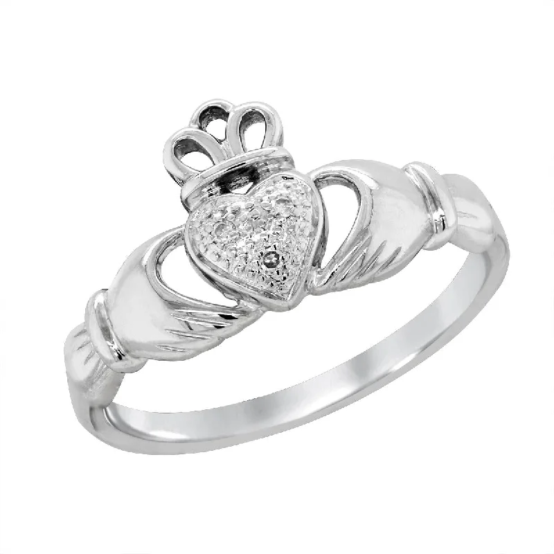 Beautiful Engagement Rings For Every Budget-WHITE GOLD CLADDAUGH RING WITH DIAMONDS, .03 CT TW