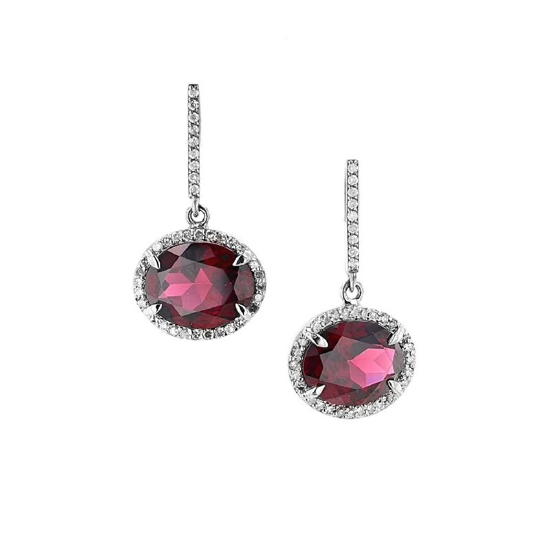 Handmade Gold Earrings-Red Garnet Diamond Oval Drop Earrings  E0000223