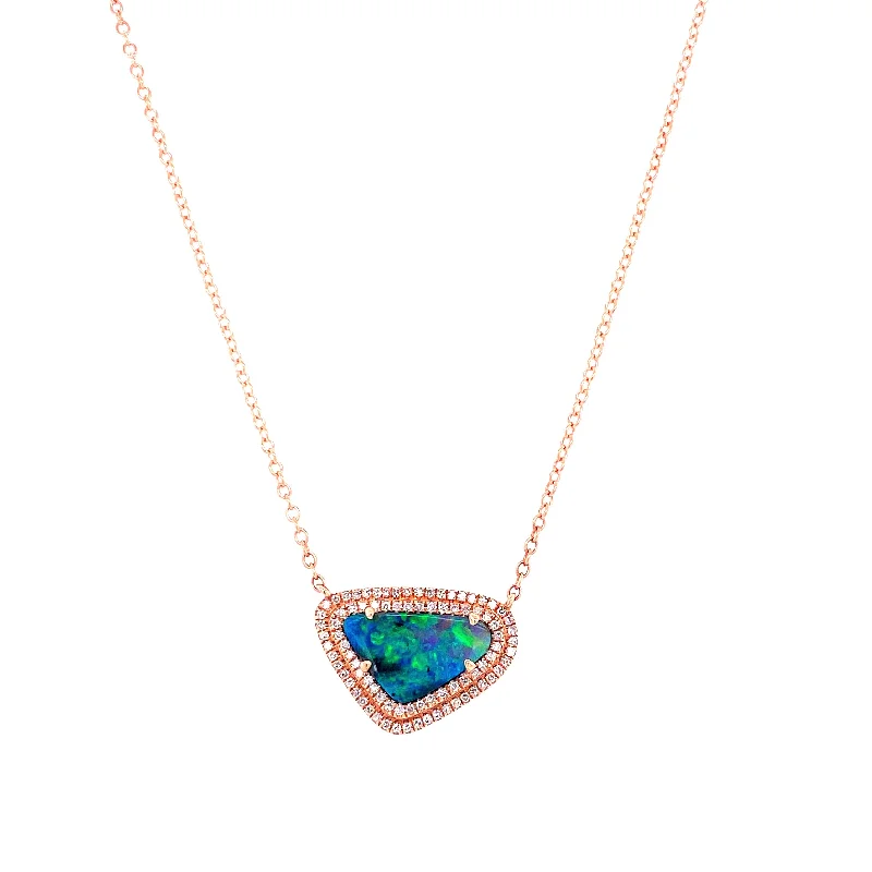 Elegant Drop Necklaces For Evening Parties-14K Rose Gold Diamond + Boulder Opal Necklace