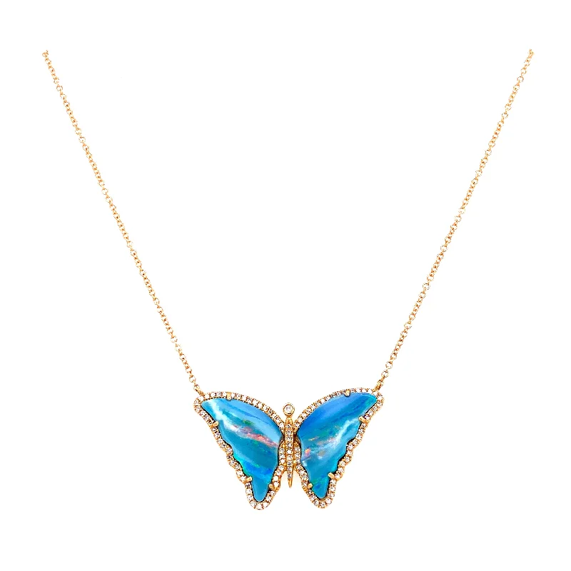 Artistic Necklaces For Creative Souls-14K Yellow Gold Diamond + Opal Butterfly Necklace