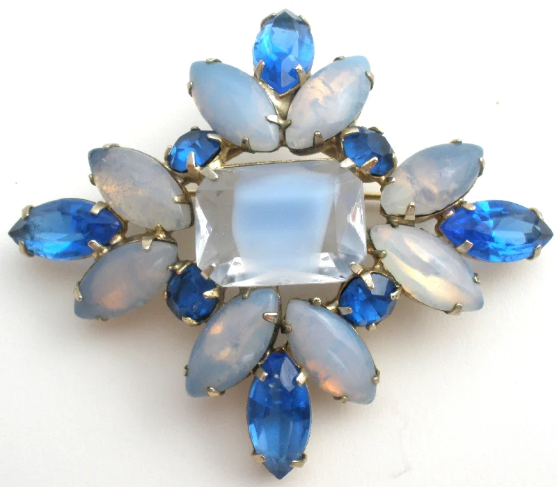 Designer Brooch For Cocktail Dresses-Blue Givre & Moonstone Rhinestone Brooch Pin