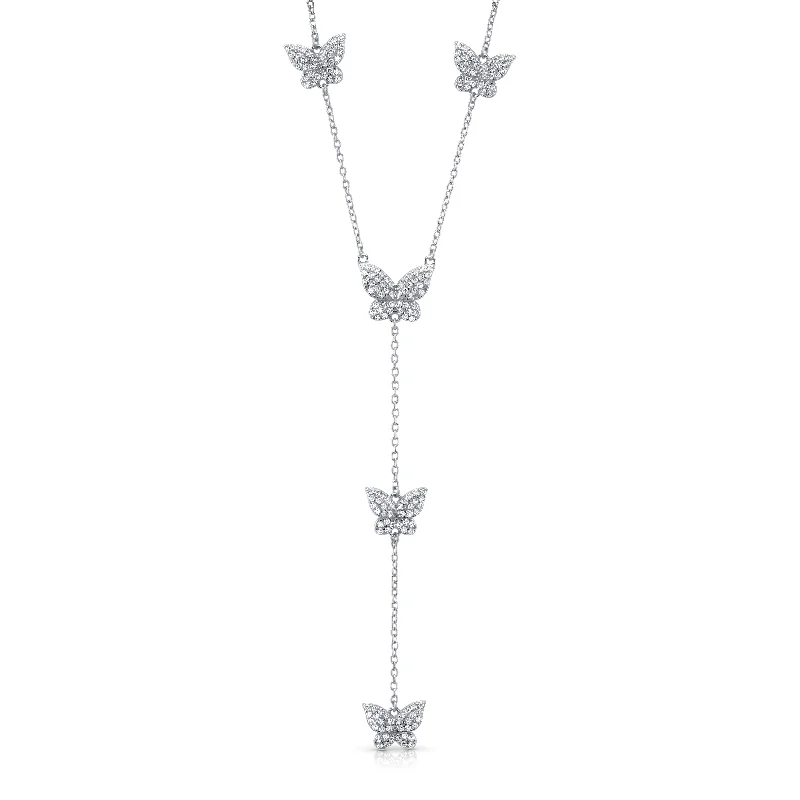 Elegant Crystal Necklaces For Formal Events-NEW BEGINNINGS BUTTERFLY LARIAT NECKLACE, SILVER