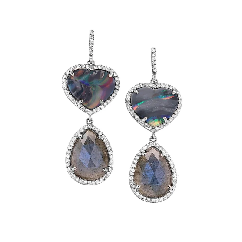 Gold Plated Earrings For Sensitive Ears-Opal Heart and Labradorite Double Drop Earrings  SE000055