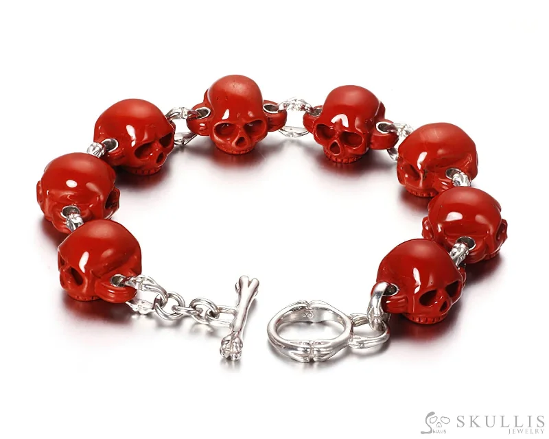 Affordable Bracelets For Women-Gem Skull Bracelet of Red Jasper Carved Skull in 925 Sterling Silver