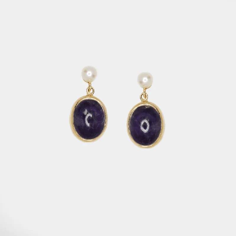 Ethereal Earrings For Formal Wear-VINTAGE AMETHYST PEARL EARRINGS 14k YELLOW GOLD DROP DANGLE BEZEL NATURAL PURPLE