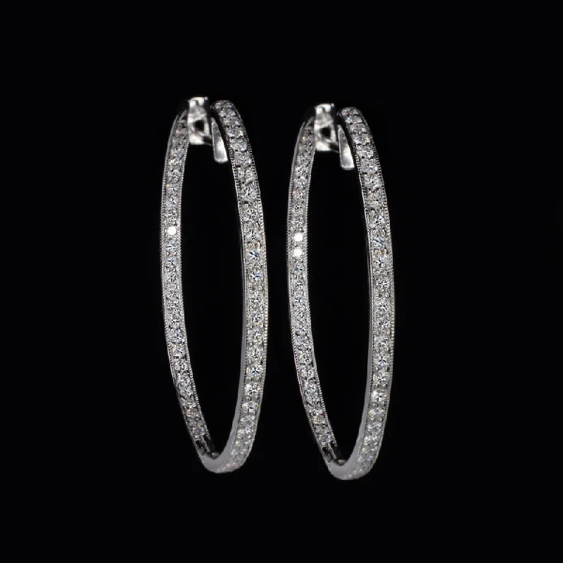 Simple Silver Earrings For Minimalist Look-1.75ct NATURAL DIAMOND IN AND OUT HOOP EARRINGS ROUND CUT 14k WHITE GOLD CLASSIC