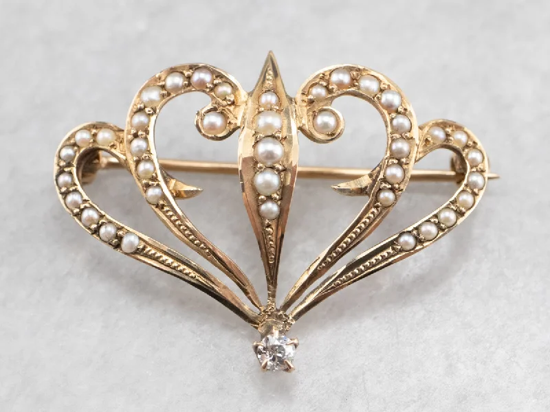 Fashion Brooch For Everyday Style-Antique Diamond and Seed Pearl Brooch