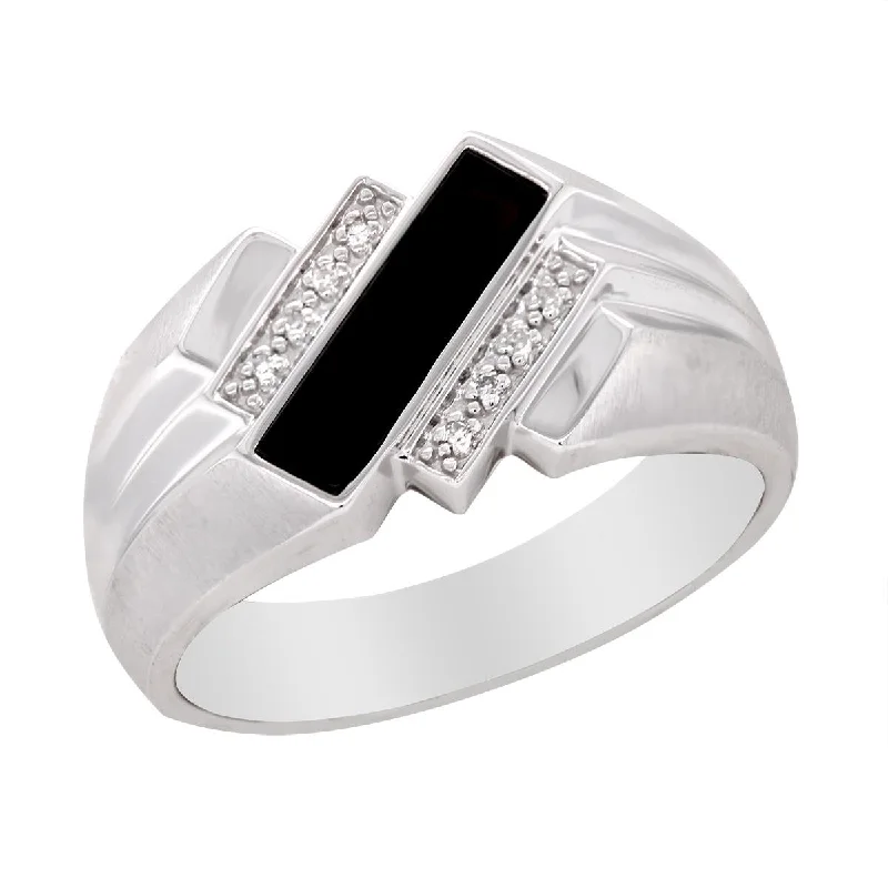 Unique Statement Rings For Special Occasions-MEN'S WHITE GOLD FASHION RING WITH BLACK ONYX AND DIAMONDS, .025 CT TW