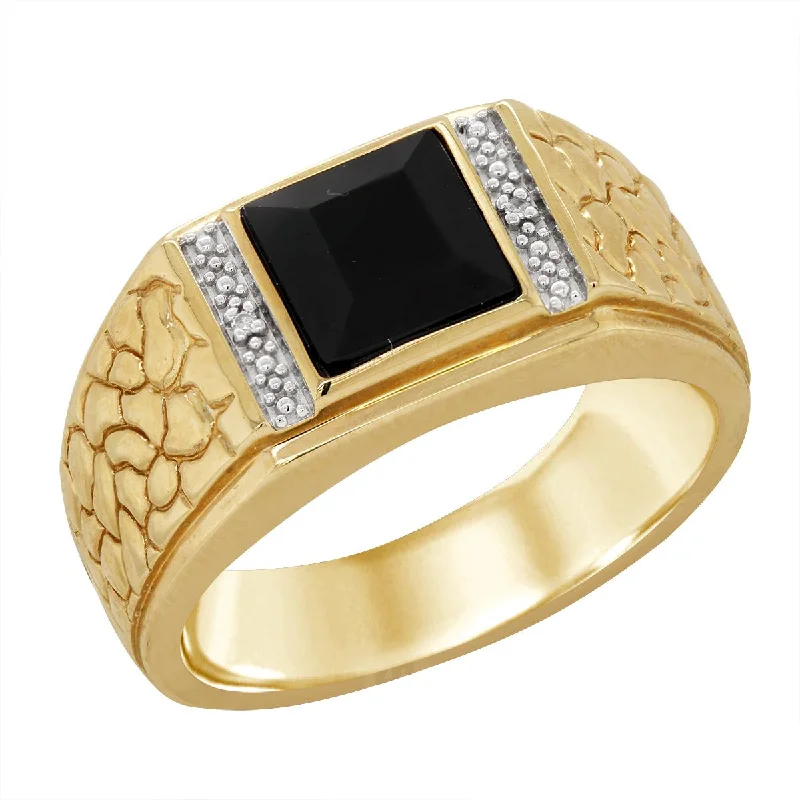 Vintage Rings For Collectors-MENS YELLOW GOLD RING WITH BLACK ONYX AND DIAMOND ACCENTS, .01 CT TW