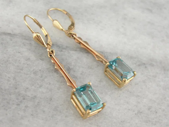 Simple Silver Earrings For Minimalist Look-Emerald Cut Blue Zircon Gold Bar Drop Earrings