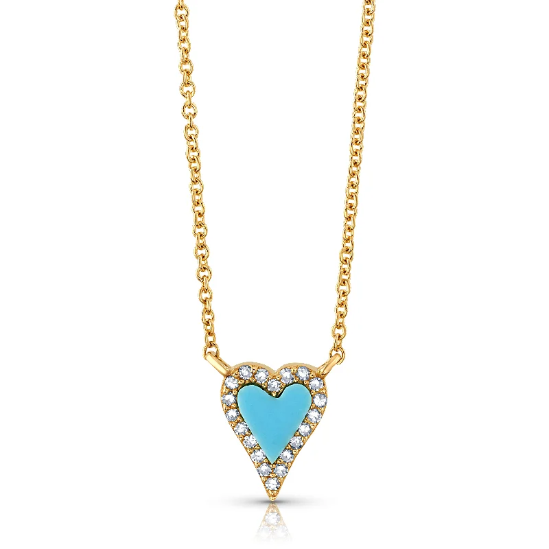 Lightweight Necklaces For Everyday Comfort-TURQUOISE & DIAMOND HEART DAINTY CHAIN NECKLACE, 14kt Gold