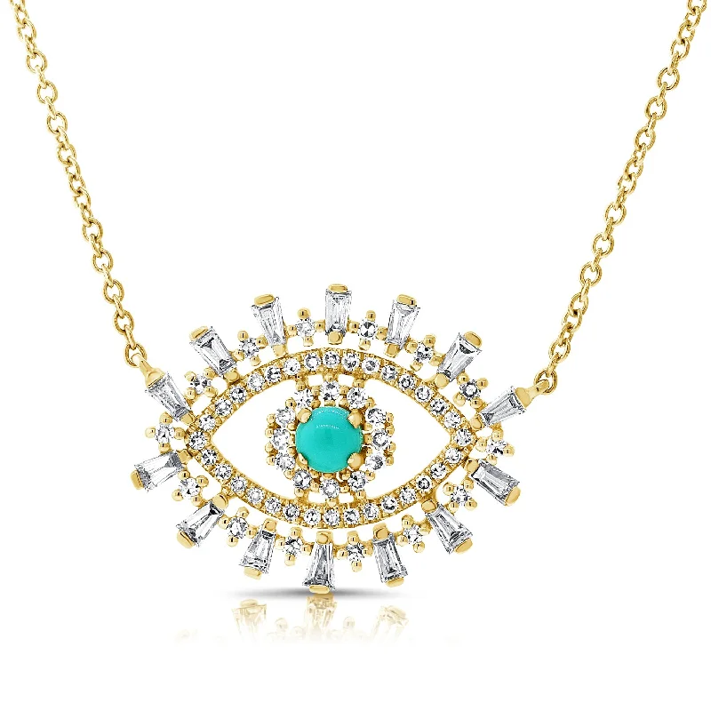 Best Necklaces For Everyday Wear-14K Yellow Gold Diamond + Turquoise Evil Eye Necklace