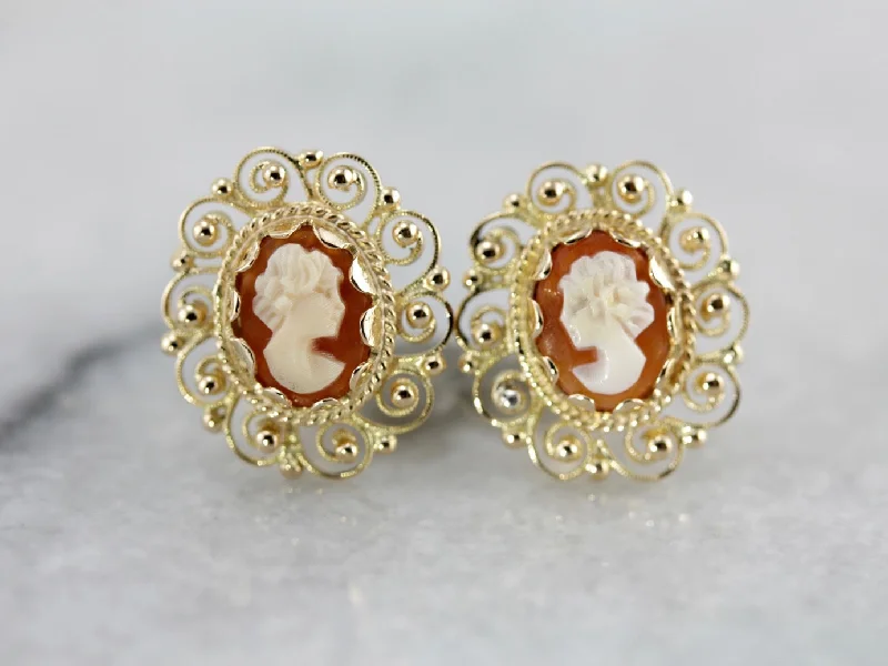 Spherical Earrings For Fashionistas-Mid Century Cameo Stud Earrings with Filigree Gold Frames