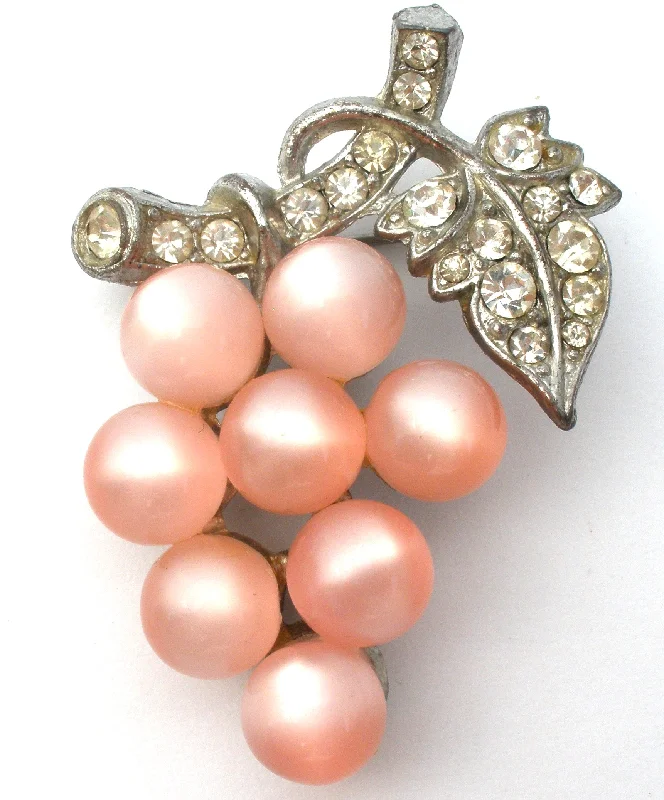 Large Brooch For Special Occasions-Pink Moonglow & Rhinestone Grape Brooch Pin Vintage