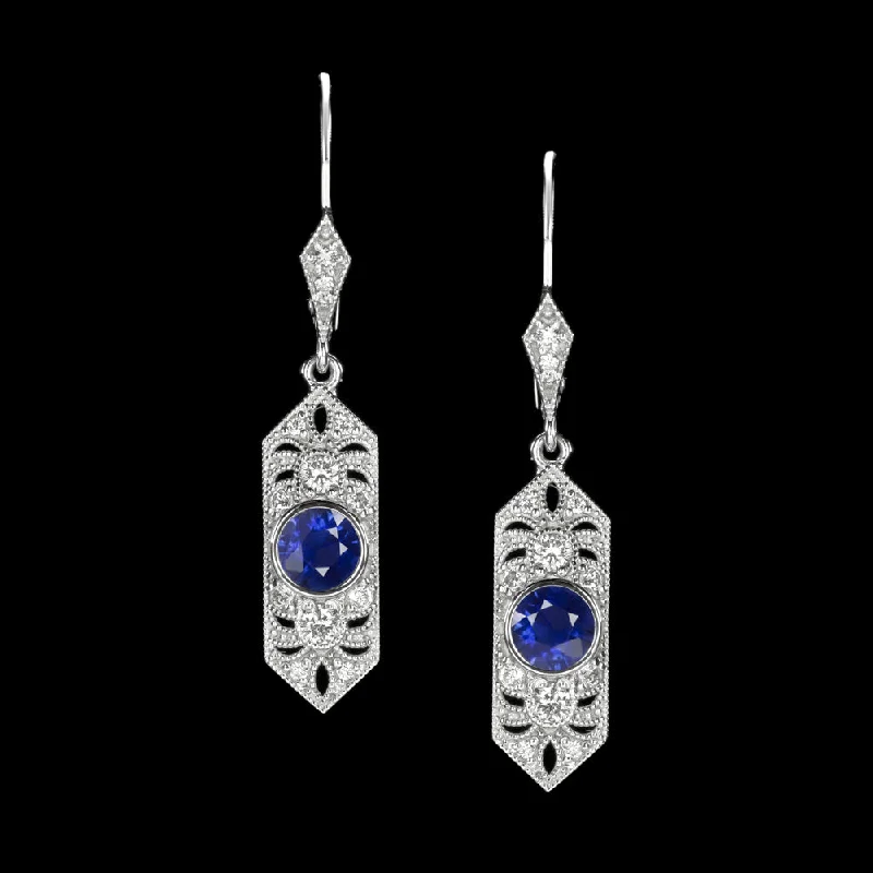 Simple Diamond Earrings For Luxury Style-VINTAGE STYLE SAPPHIRE DIAMOND DROP EARRINGS ART DECO DANGLE BLUE WHITE GOLD