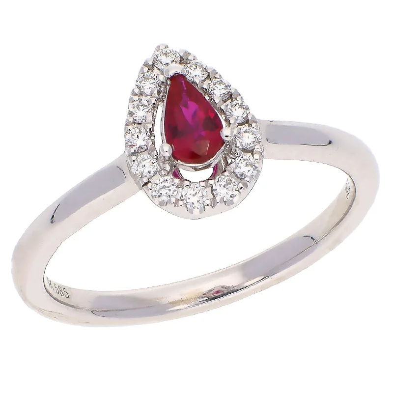 Large Statement Rings For Bold Look-14K White Gold Halo Style Ruby and Brilliant Cut Diamond Ring