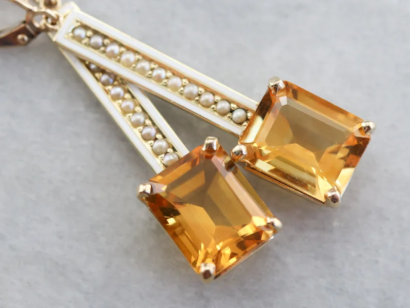 Trendy Earrings For Summer Fashion-Enamel Citrine and Seed Pearl Drop Earrings