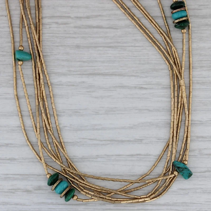 Wedding Necklaces For Brides-Turquoise Malachite Liquid Silver Bead Chain Necklace Sterling Gold Plated 25"